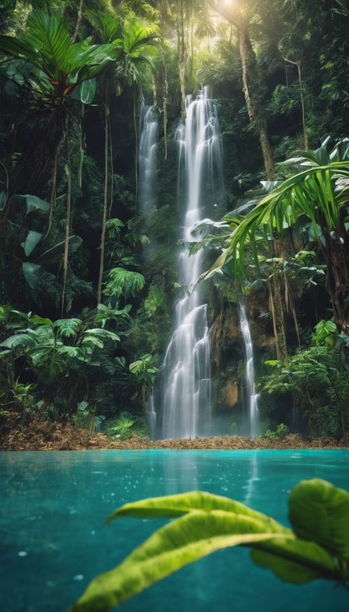 A colourful and quiet tropical rainforest waterfall feeding a clear blue lagoon with surrounding tropical plants.