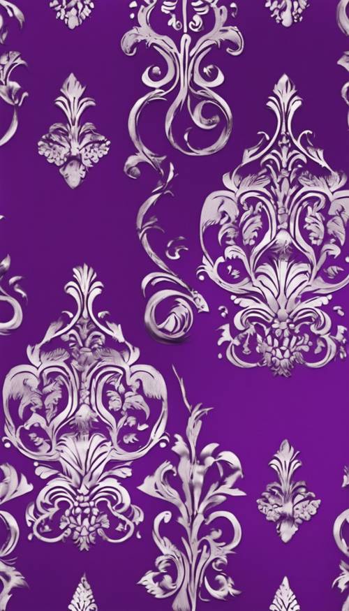 Un patrón de damasco que utiliza diseños metálicos plateados sobre un rico fondo violeta. Fondo de pantalla [65d7e441e2c345e18b9a]