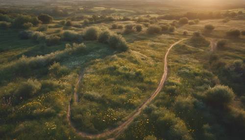 A rustic aerial view of a wildflower meadow in full bloom bisected by a winding country road illuminated by dawn light.