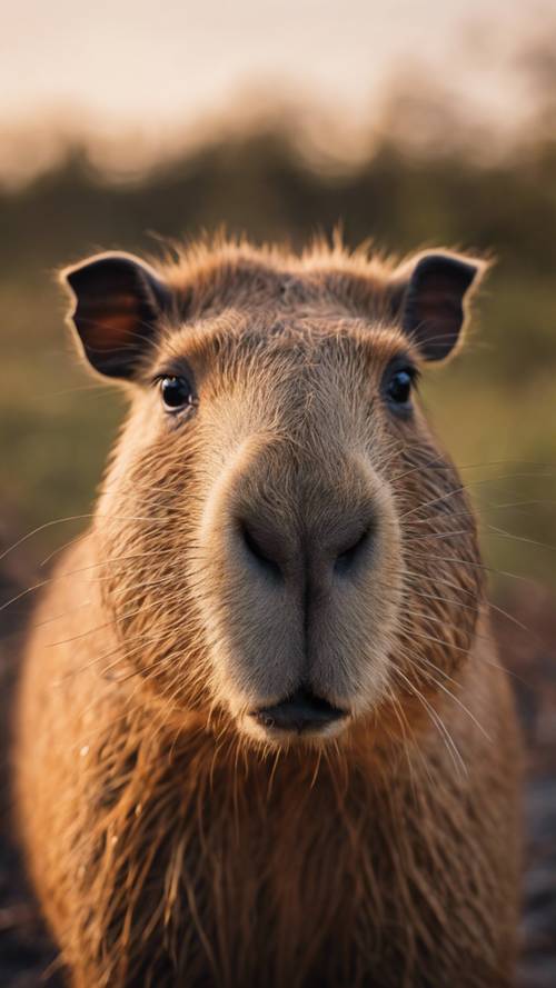 Zbliżenie twarzy dojrzałej kapibary na wolności o zmierzchu.