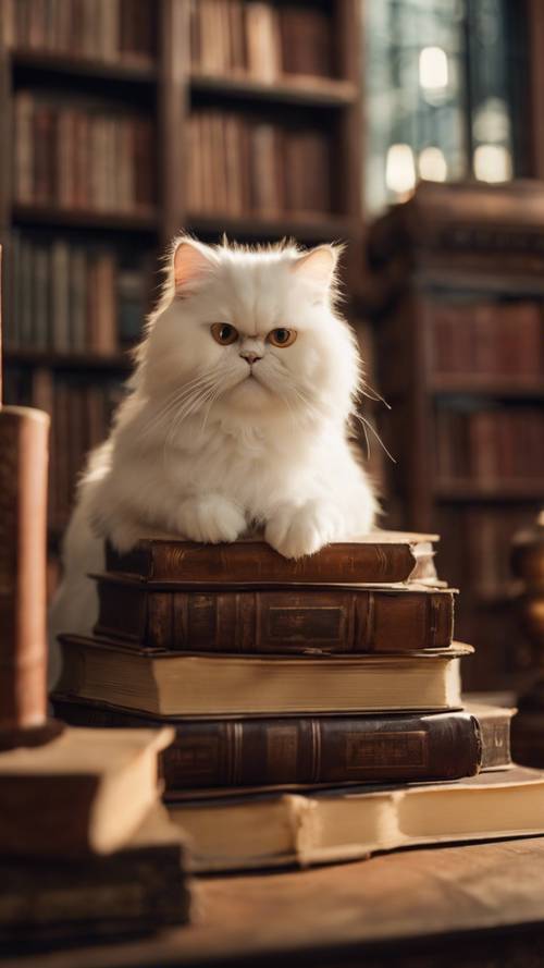 Um gato persa branco, cheio de elegância, está deitado sobre uma velha pilha de livros em uma biblioteca antiga, banhado pelo brilho suave e quente de um abajur.