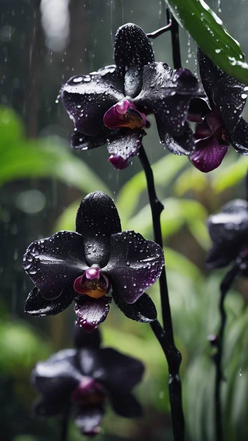 黑色兰花上点缀着闪亮的雨滴，背景为常绿雨林。