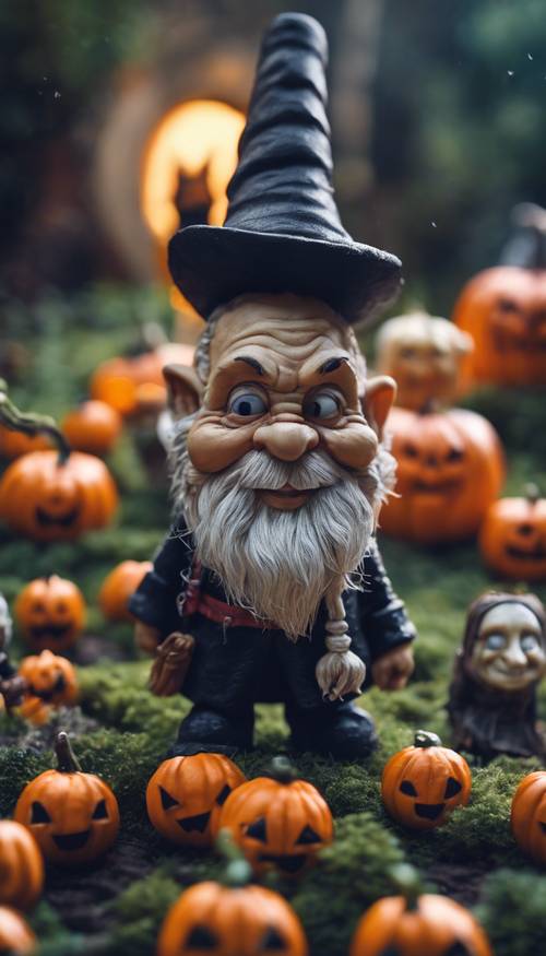 Miniature garden gnomes dressed as Dracula and Frankenstein surrounded by miniature jack-o' lanterns in a front garden.