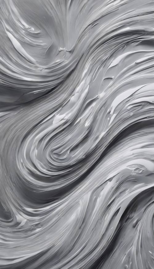 Un dipinto astratto di pennellate grigio chiaro che vorticano sulla superficie della tela.