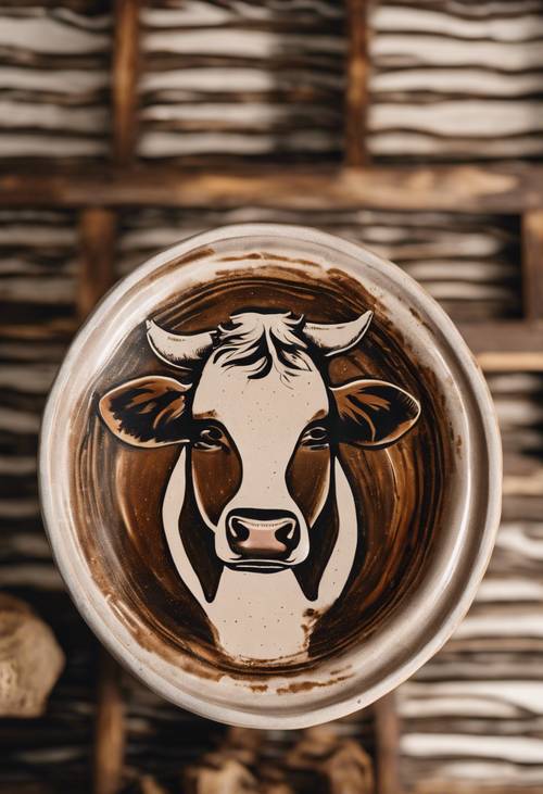 Uma expressiva estampa de vaca marrom em uma peça de cerâmica contemporânea feita à mão