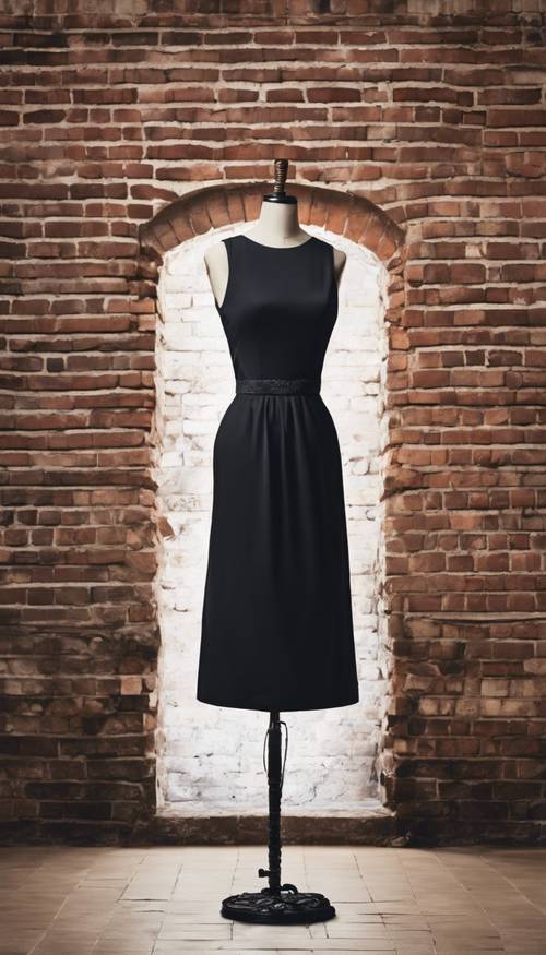人体模型上摆放着一件复古的黑色鸡尾酒礼服，背景是一堵砖墙。
