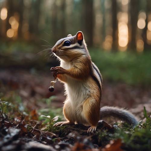 A curious chipmunk sniffing around a tall, intoxicating dark mushroom in early dawn. Tapeta na zeď [b6668ba1a45f476bae4c]