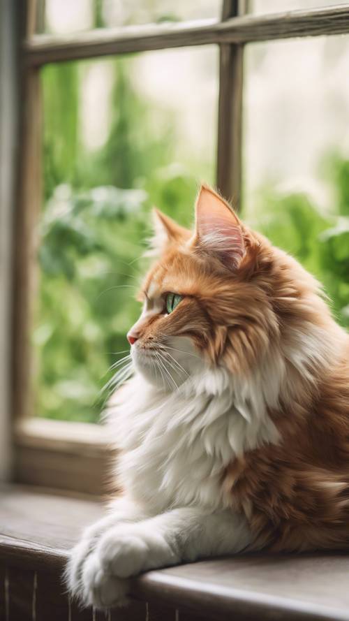 Eine rot-weiße, flauschige Sibirische Katze, die träge neben einer Fensterscheibe liegt und mit leuchtend grünen Augen die Außenwelt beobachtet.