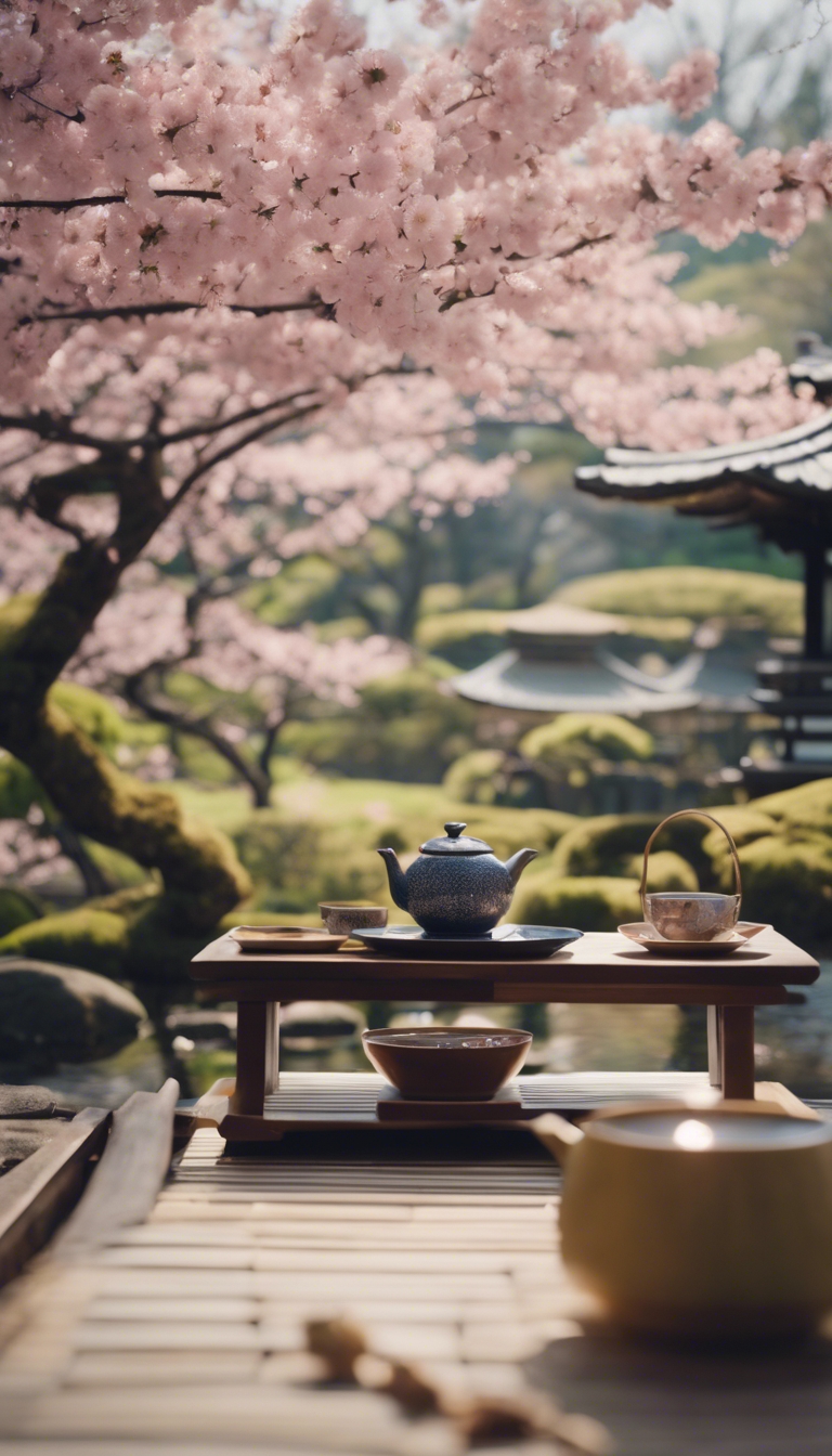 A traditional tea ceremony taking place in a beautiful Japanese garden during Sakura season. טפט[b6f674e2d6ea4482acc6]