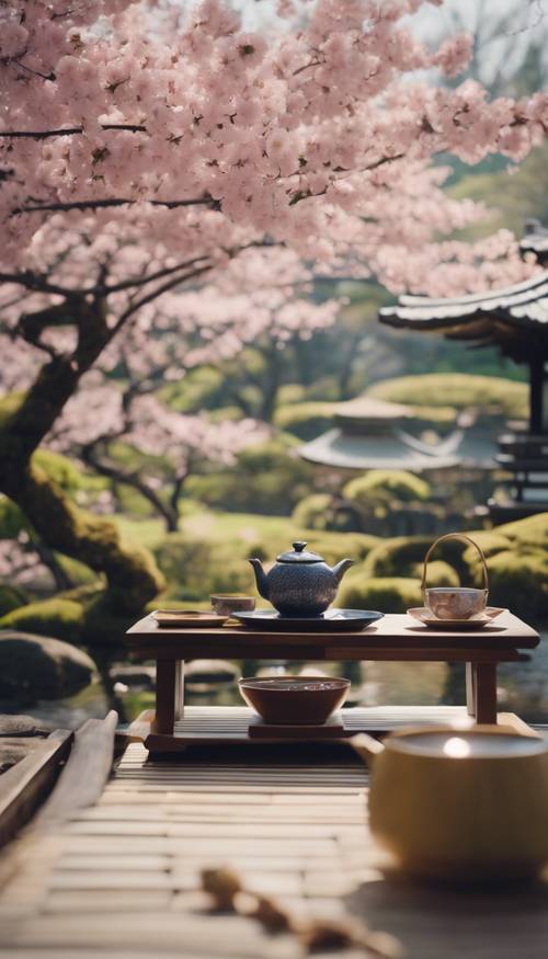 A traditional tea ceremony taking place in a beautiful Japanese garden during Sakura season.