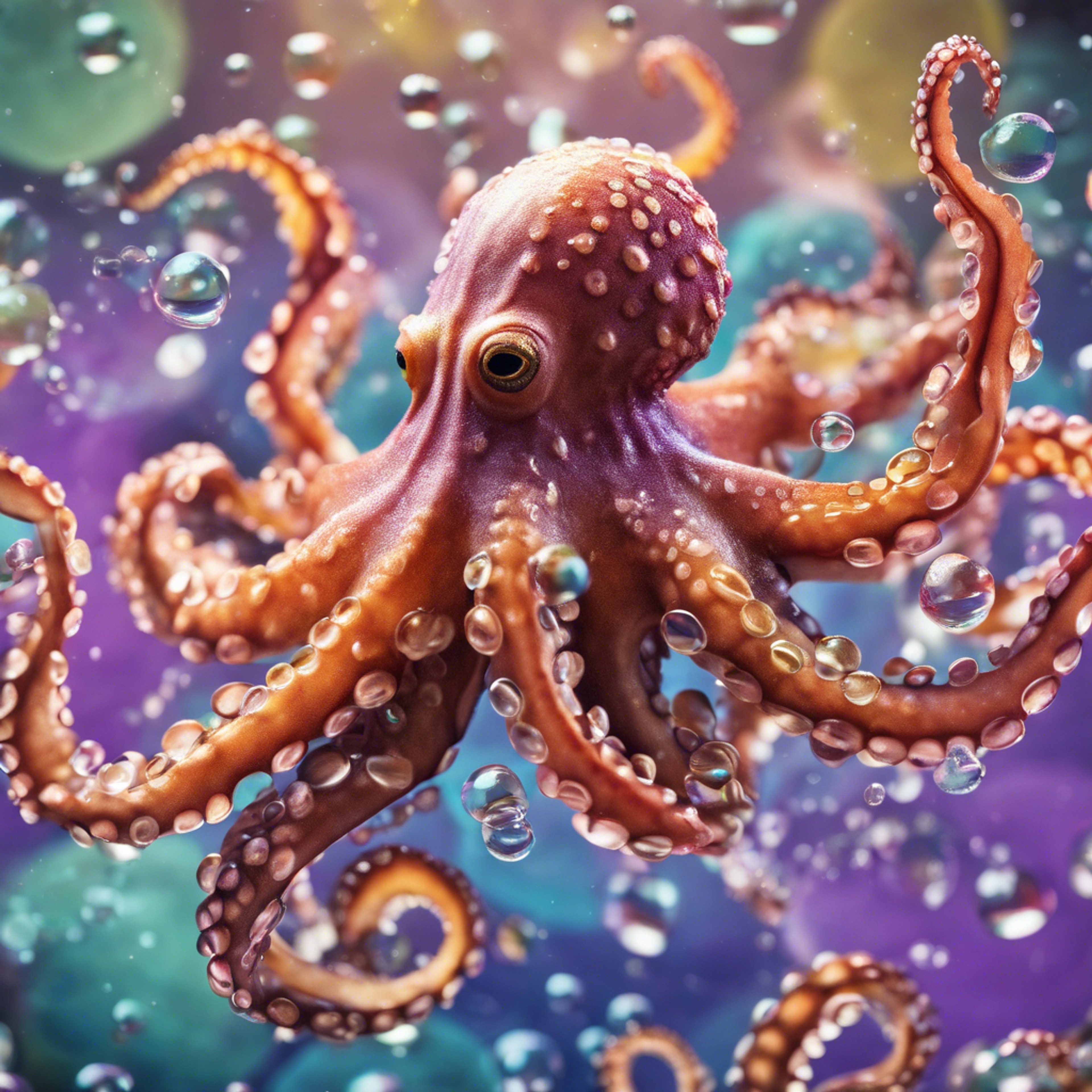 A rainbow-colored octopus joyfully dancing amidst a swirl of bubbles. Wallpaper[7c61138499844efe8ebf]