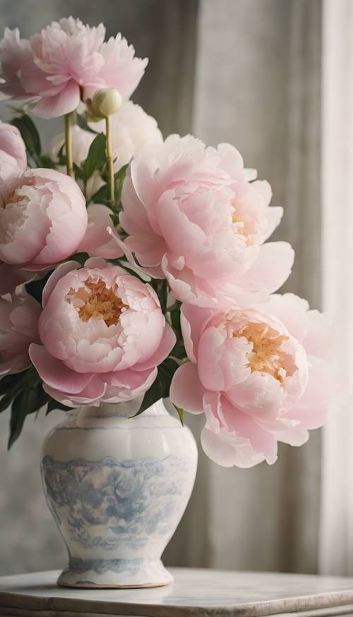 لوحة فنية جميلة ثابتة لباقة من زهور الفاوانيا الوردية الباستيل في مزهرية خزفية بيضاء عتيقة.