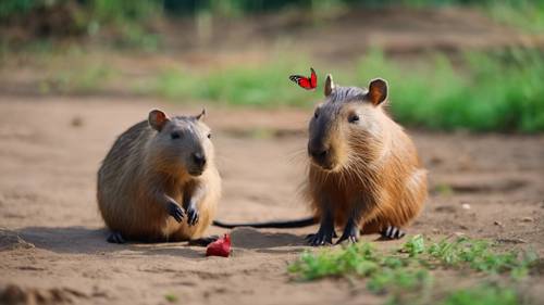 Un adorable niño capibara examina con curiosidad una mariposa roja posada en su hocico.