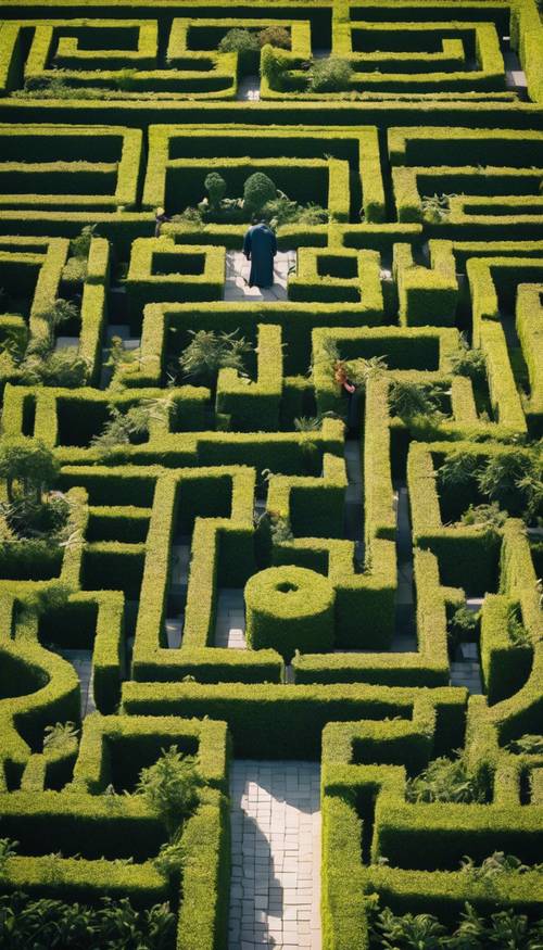 A vista aérea de um elaborado jardim labiríntico com sebes bem aparadas.