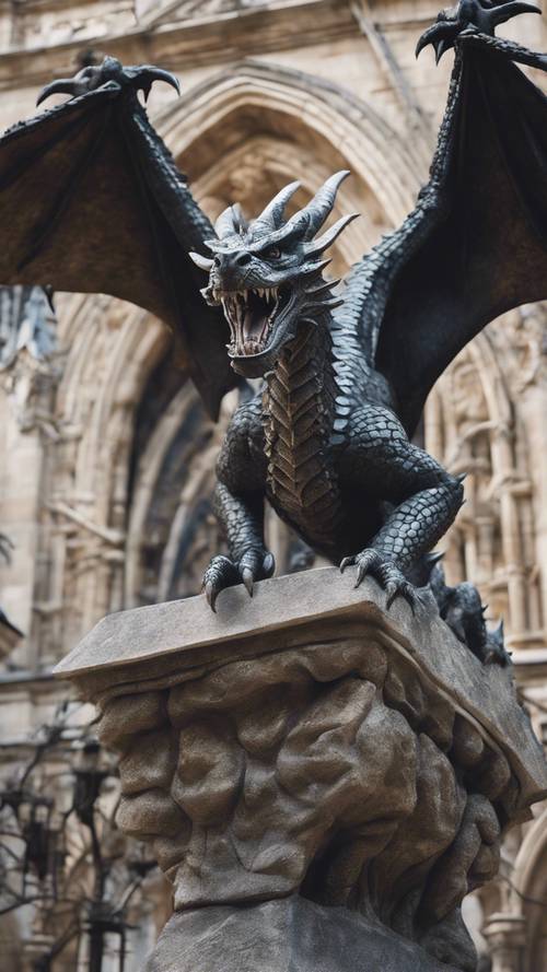 Um dragão de pedra ganhando vida a partir da escultura no pátio de uma catedral gótica.