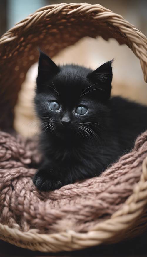 Uma fotografia de um gatinho preto dormindo pacificamente em uma aconchegante cesta de malha.