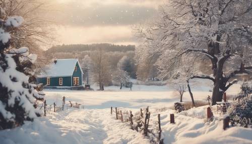 Um cartão postal de Natal vintage com uma cena campestre nevada.