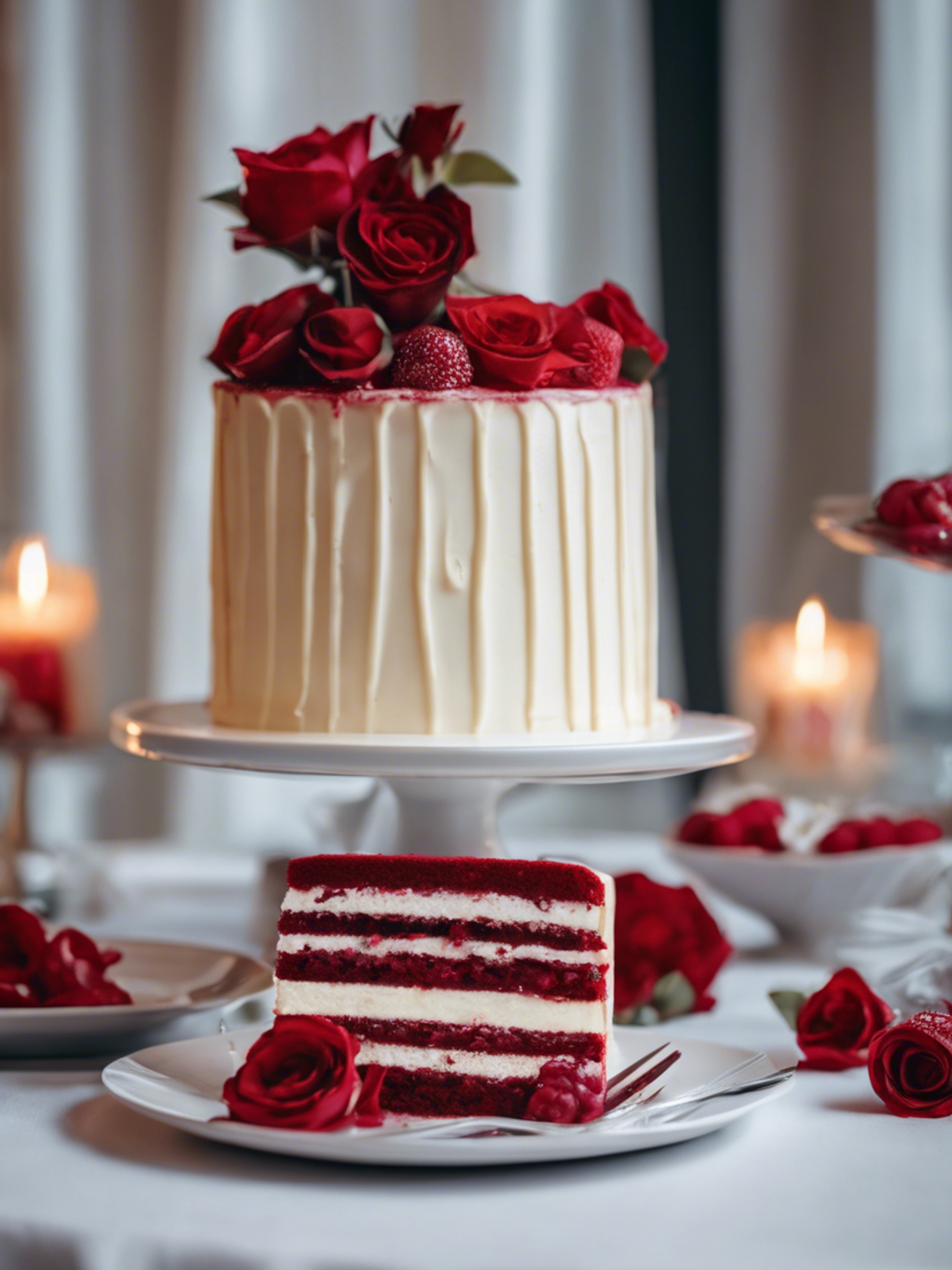A scrumptious red velvet and white cream layered cake on a dessert table. Tapeta[9c378ca78b014f2daafb]