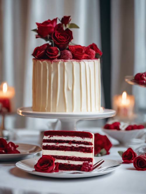 디저트 테이블 위에는 맛있는 레드 벨벳과 화이트 크림이 레이어드된 케이크가 놓여 있습니다.