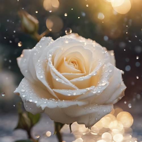 Tampilan jarak dekat dari mawar putih dengan tetesan embun emas berkilauan di bawah cahaya pagi.