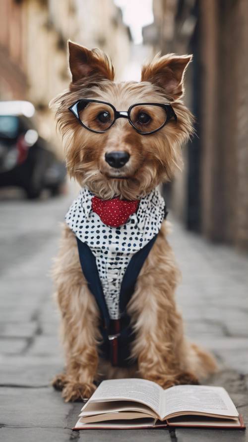 A stylish preppy dog with a polka-dot vest, holding a textbook in its mouth.