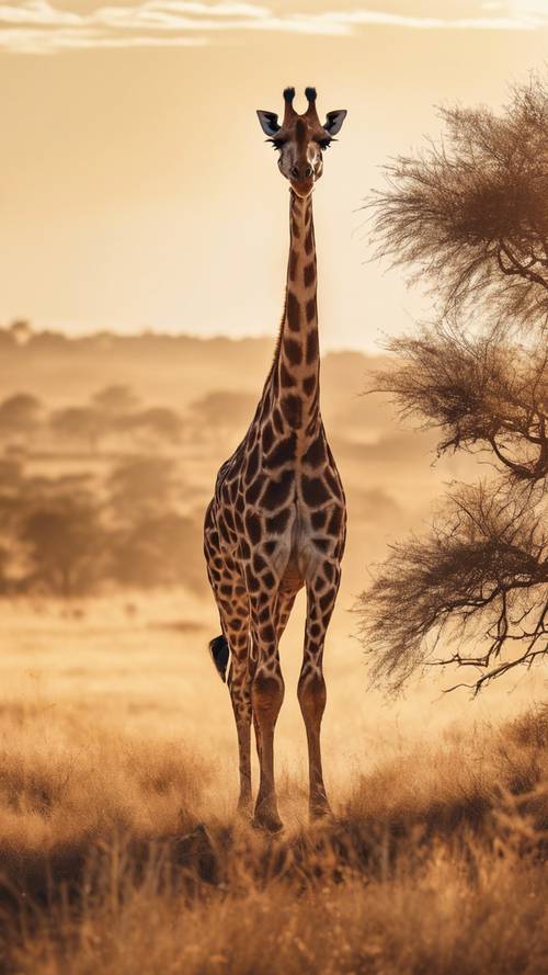 A majestic giraffe with a long neck standing tall in the savannah basking under the golden sunlight.