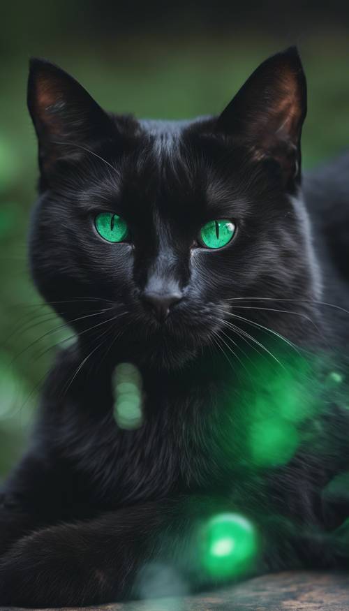 Кот из обсидианового черного дерева со сверкающими изумрудными глазами.