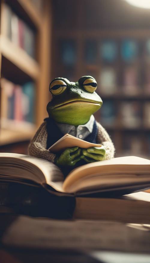 A preppy frog wearing a sweater vest and reading a book at a library.