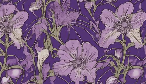 アール・ヌーヴォーのデザインで、紫の背景にナイトシェードの花々が描かれた壁紙