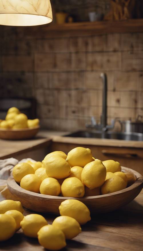 Кухня в деревенском стиле с дубовой мебелью желтого цвета, мягкий свет сверкает на ярко-желтых лимонах, стоящих на прилавке.