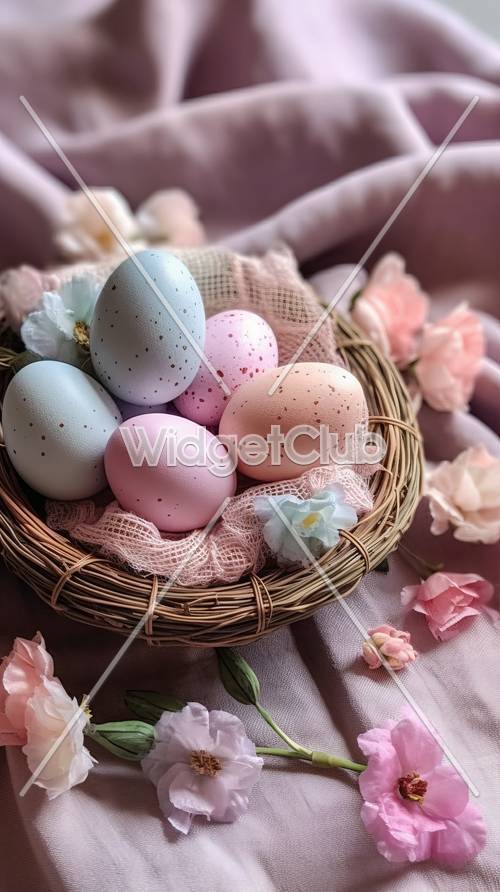Uova di Pasqua colorate in un cestino con sfondo di fiori