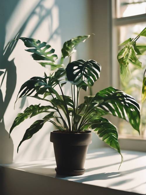 Ornamental indoor plants arranged in a way that their shadows form an inspirational quote.