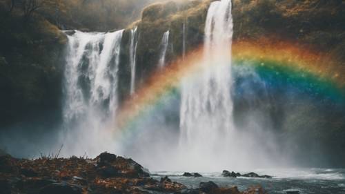 Aesthetic quotes appearing as a rainbow in a misty waterfall.