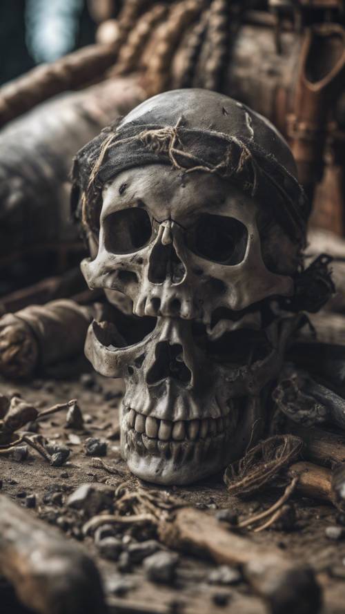 Un crâne gris placé à l’entrée d’un bateau pirate abandonné depuis longtemps.