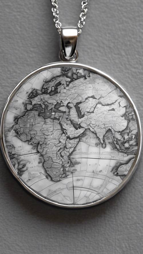Un mapa mundial en escala de grises grabado en un colgante de plata de ley.