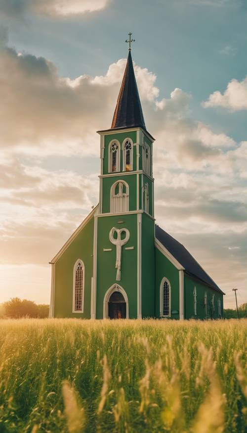 황금빛 시간 동안 생기 넘치는 녹색 들판 한가운데에 있는 장엄한 기독교 교회.