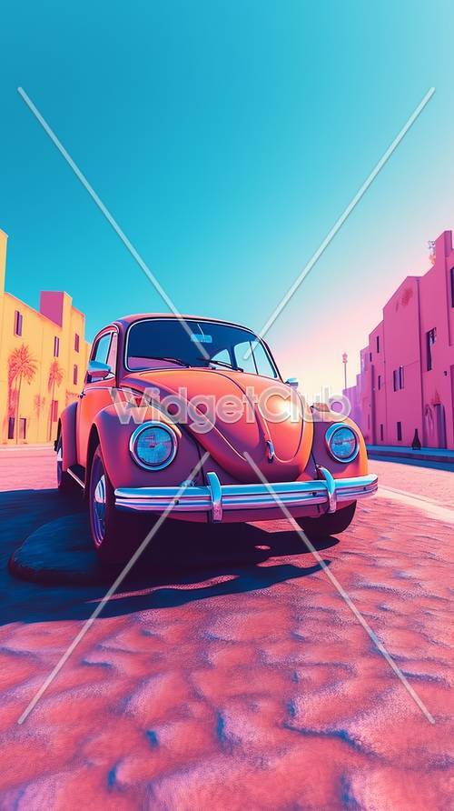 سيارة عتيقة ملونة في خلفية مدينة مشمسة