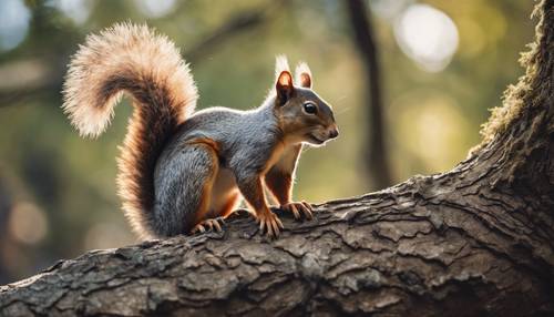 A lively squirrel with camo-patterned fur, nimbly climbing up an ancient oak tree.