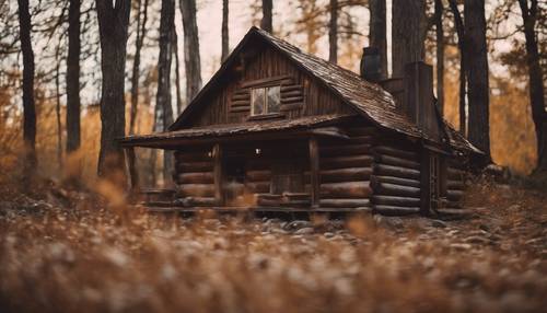 Eingebettet in einen alten Wald liegt eine alte, verwitterte Hütte, die in eine beruhigende braune Aura getaucht ist.