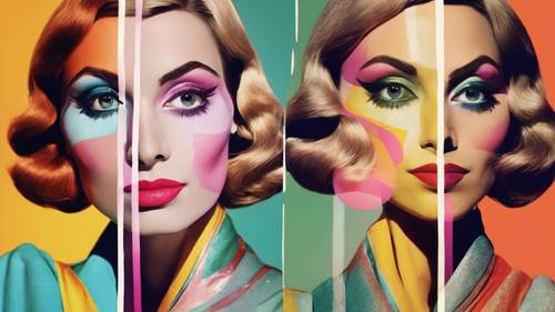 Diseño de arte pop de una mujer con maquillaje al estilo de los años 60, reflejado en cuatro combinaciones de colores diferentes y atrevidos.