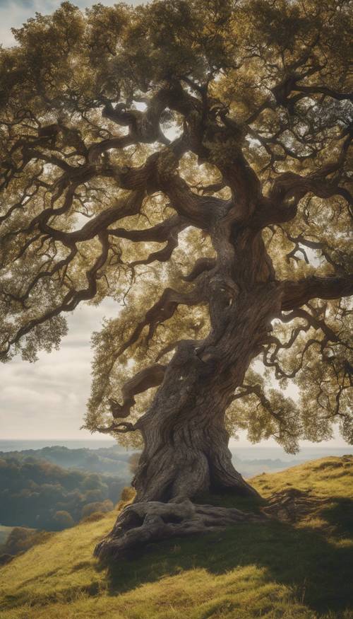 An old, ancient oak tree standing alone on a hill.