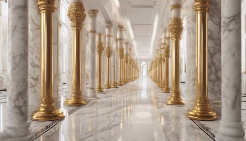 Colonne di marmo bianco che fiancheggiano un grande corridoio con intricati dettagli dorati al centro.