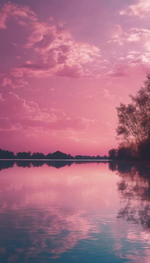 Sakin bir gölün üzerinde pitoresk pembe ve mavi bir gün batımı.