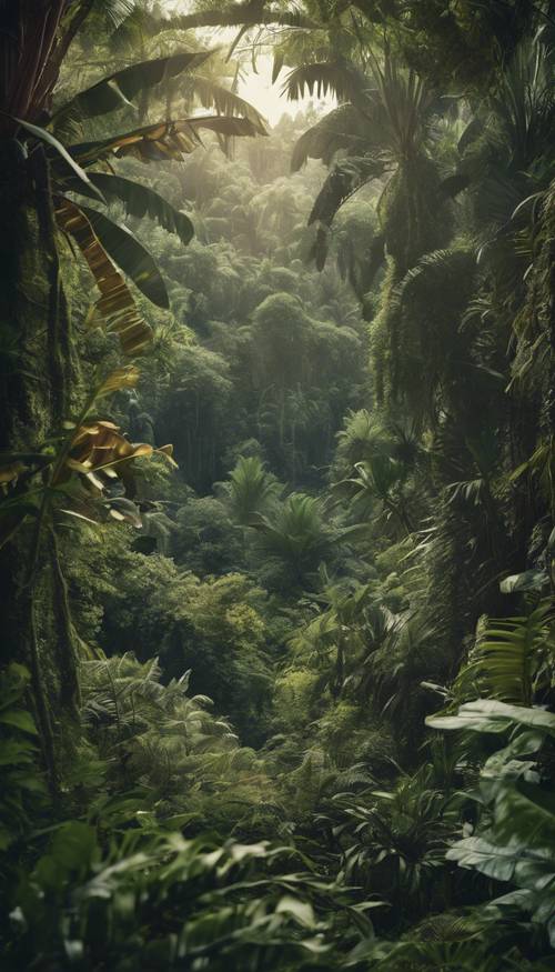 A dense jungle, brimming with a myriad of exotic plants and towering trees. Tapeta [7205bc4399a5465f95a0]