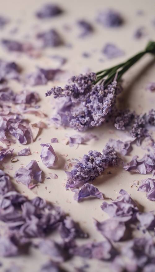 Un trozo de papel de lavanda suave hecho a mano con pétalos de flores reales incrustados.