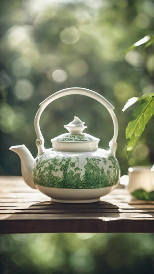 Una tetera blanca con intrincados detalles verdes, llena de té verde humeante.
