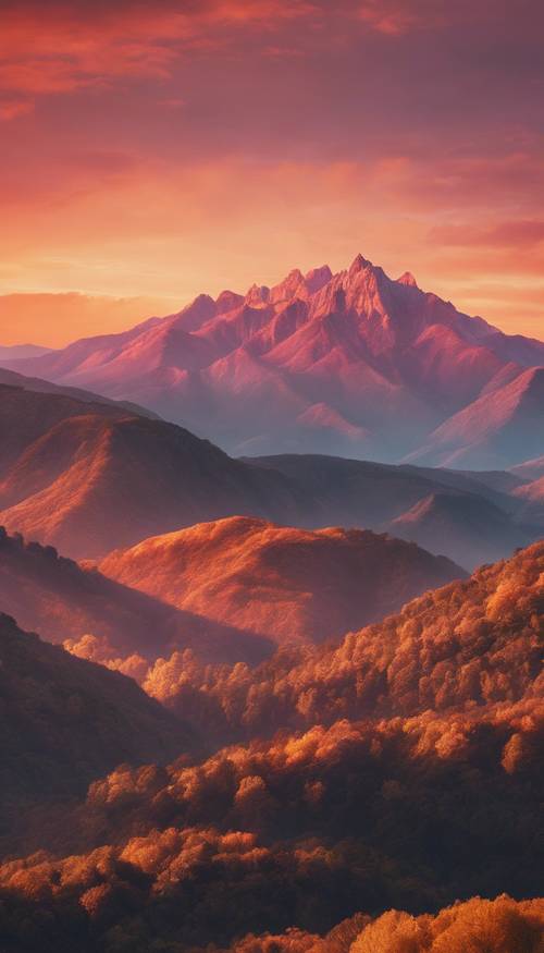 A mesmerising summer sunset over a mountain range, casting a cascading palette of orange, pink, and gold hues across the sky. Ταπετσαρία [d262bade92464c75ba4f]