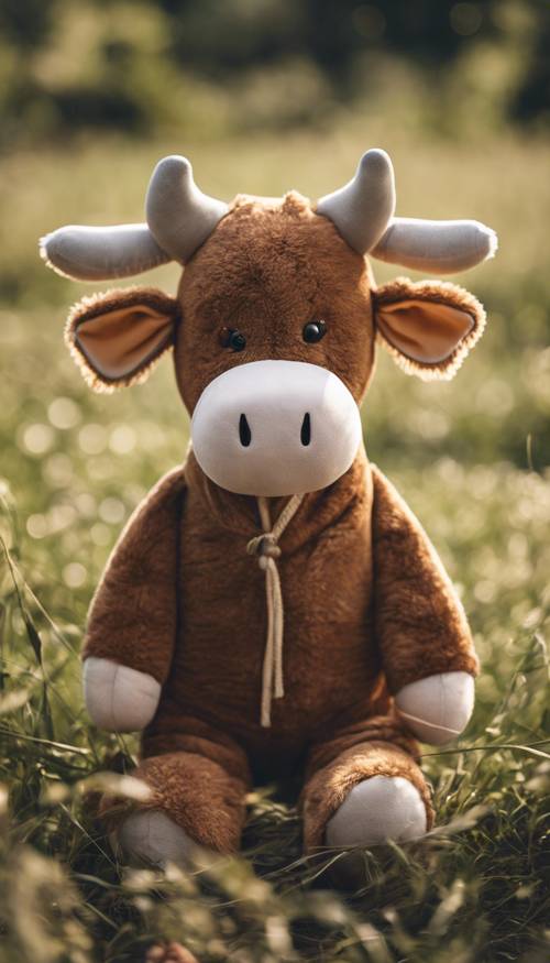 An adorable brown cow plush toy design with large, huggable print details