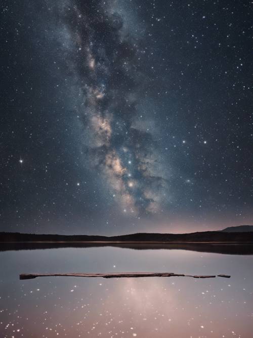 A serene scene of a starry night reflected on the calm surface of a tranquil alien lake.