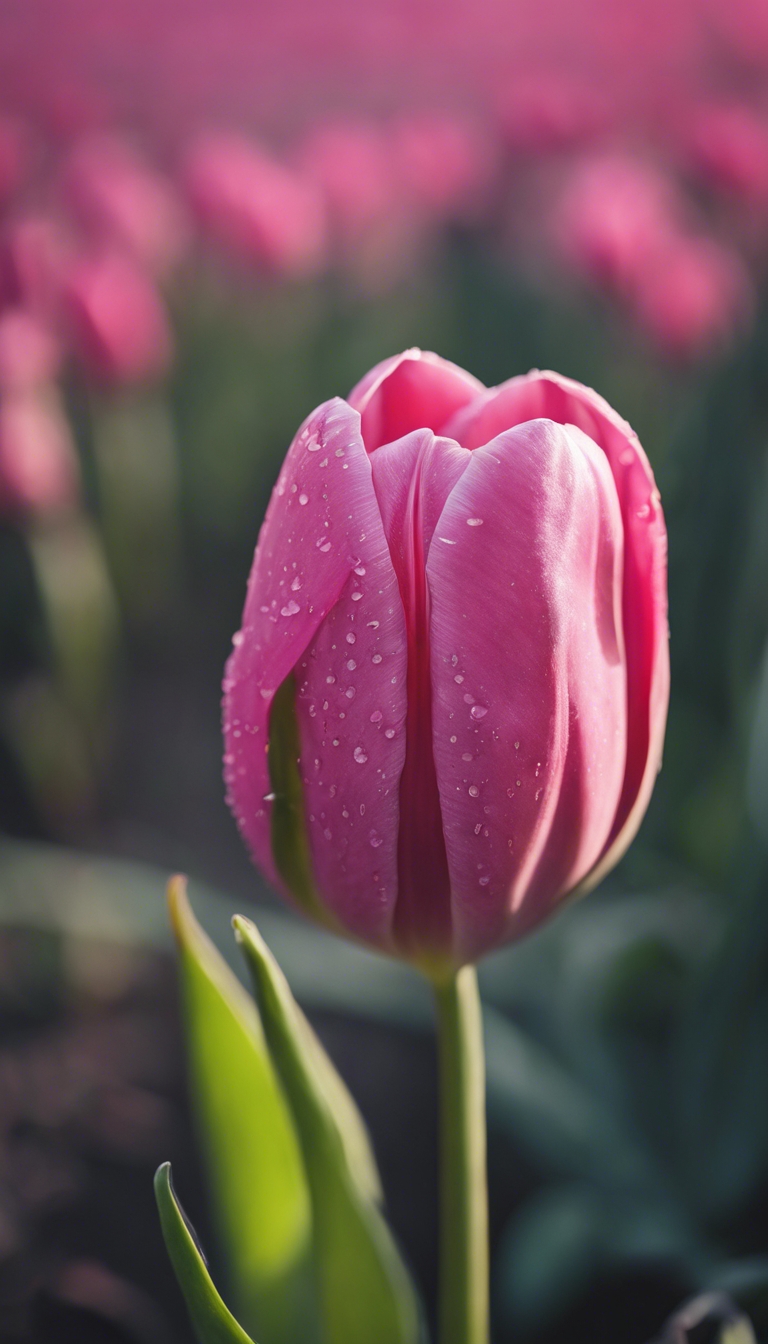 A tightly closed neon pink tulip about to bloom in the morning dew. Tapeta[ae1dfcf3b13c4ee090c7]